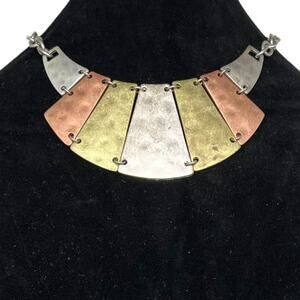 Tri-Tone Metal Bib Necklace Modern Geometric Statement Piece